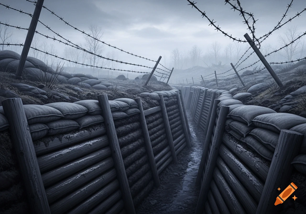 A gloomy WWI trench fortified with sandbags and wooden supports, barbed wire stretches under a foggy, desolate sky.