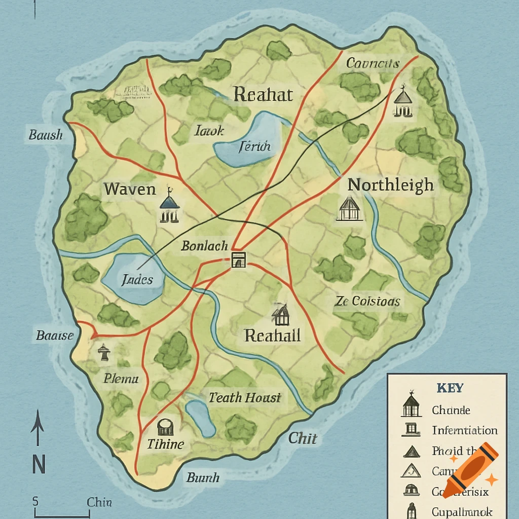 A colorful, hand-drawn style map of a fictional island, featuring various named settlements, roads, lakes, forests, and other geographic features, with a detailed key and compass rose.