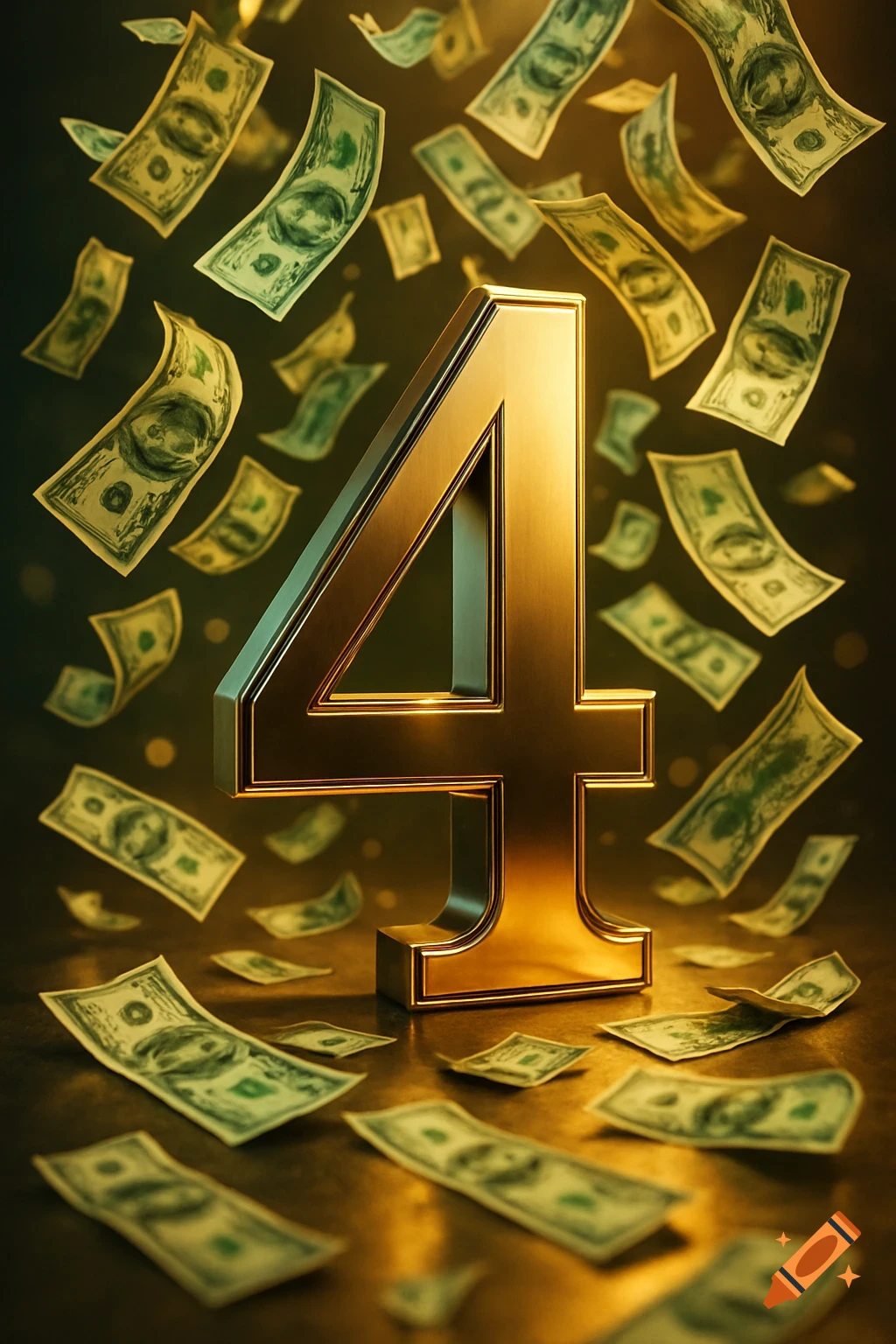 A large, metallic golden number 4 stands upright as dollar bills rain down around it, some scattered on the ground.