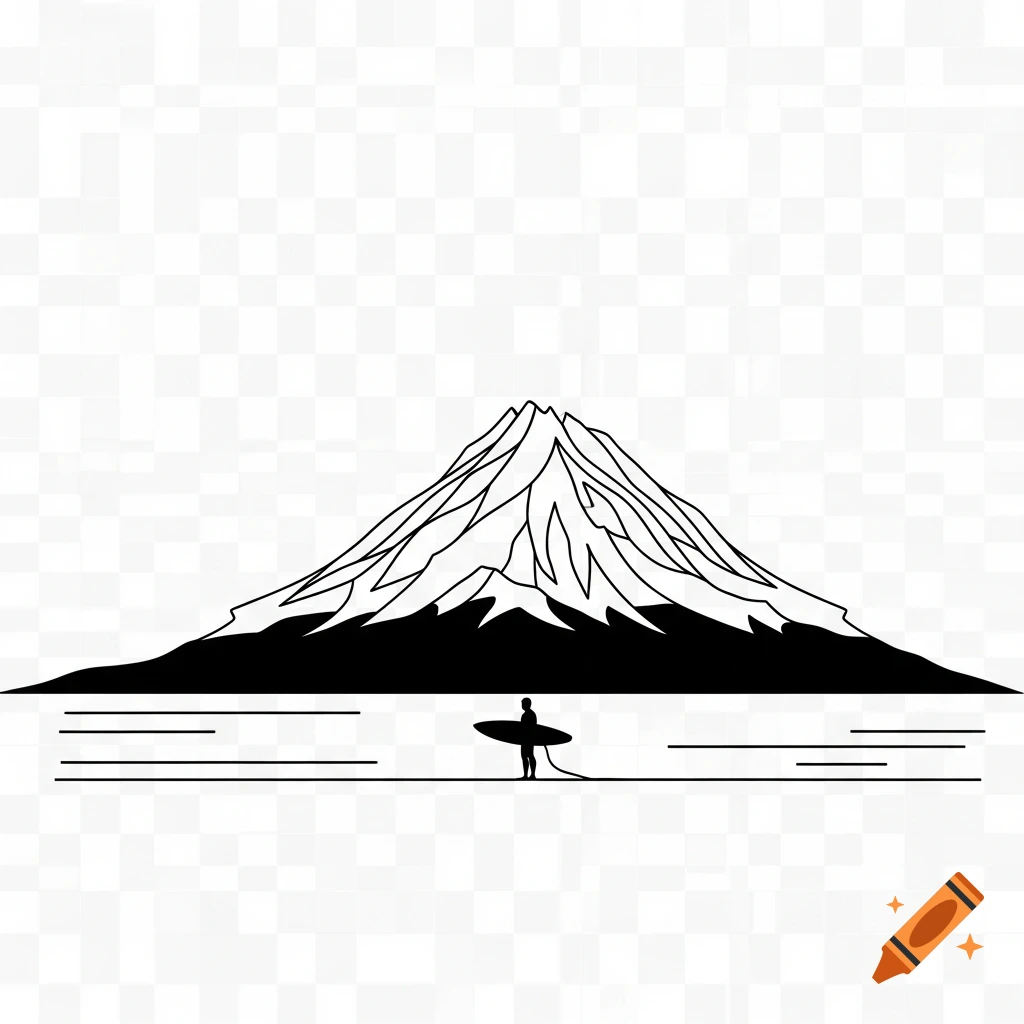 Minimalist black line art of Mount Taranaki with a small surfer silhouette at its base over horizontal lines.