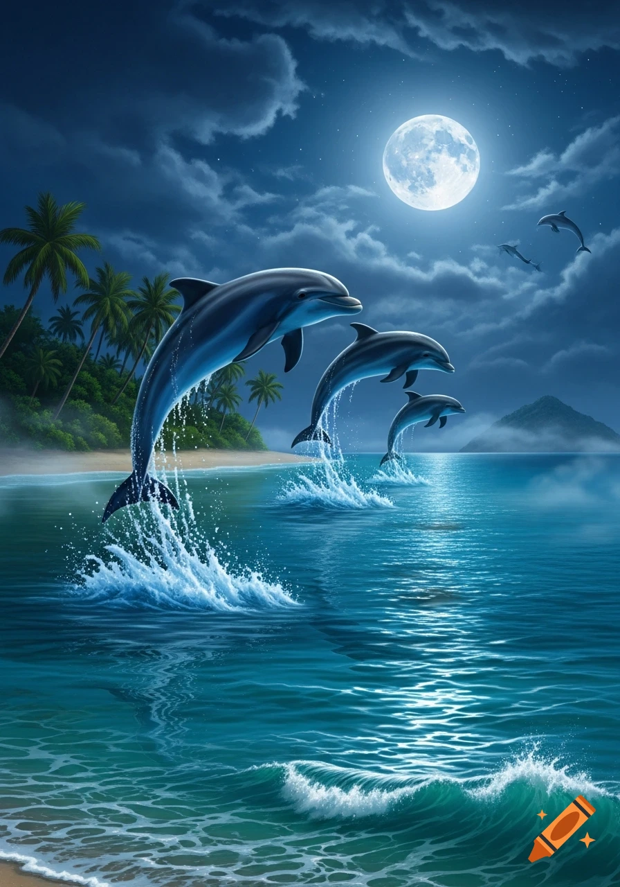 Dolphins jump from moonlit ocean waves near a tropical island with palm trees.