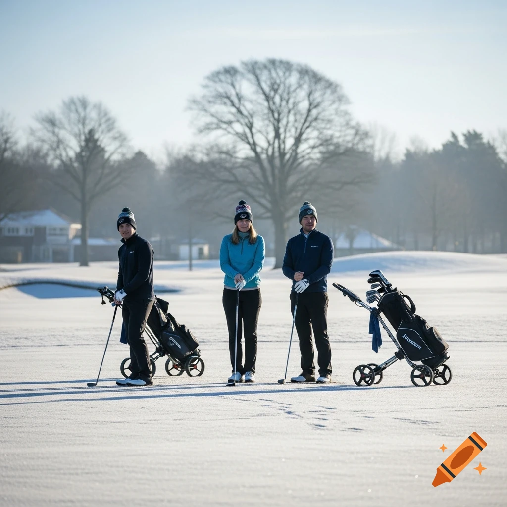 Three golfers in winter gear stand on a snowy, frost-covered golf course with their clubs and bags on a clear, cold day.