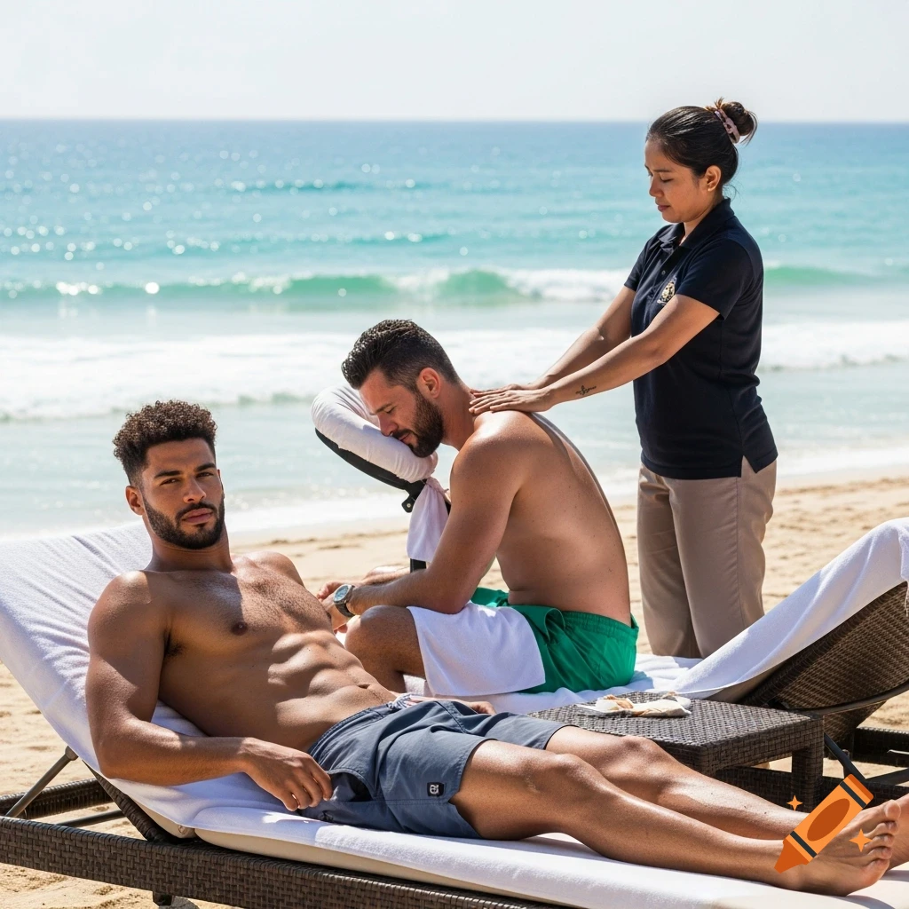 Two men on a sunny beach, one receiving a massage from a woman, the other relaxing on a lounge chair.