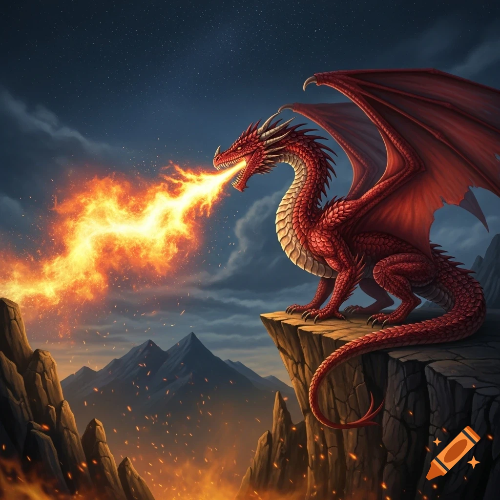 A vibrant red dragon with large wings sits on a rocky cliff at night ...