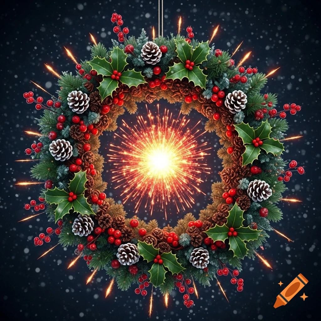 A vibrant Christmas wreath adorned with holly, red berries, and pinecones, featuring a bright fireworks explosion in its center, set against a dark, snowy background.