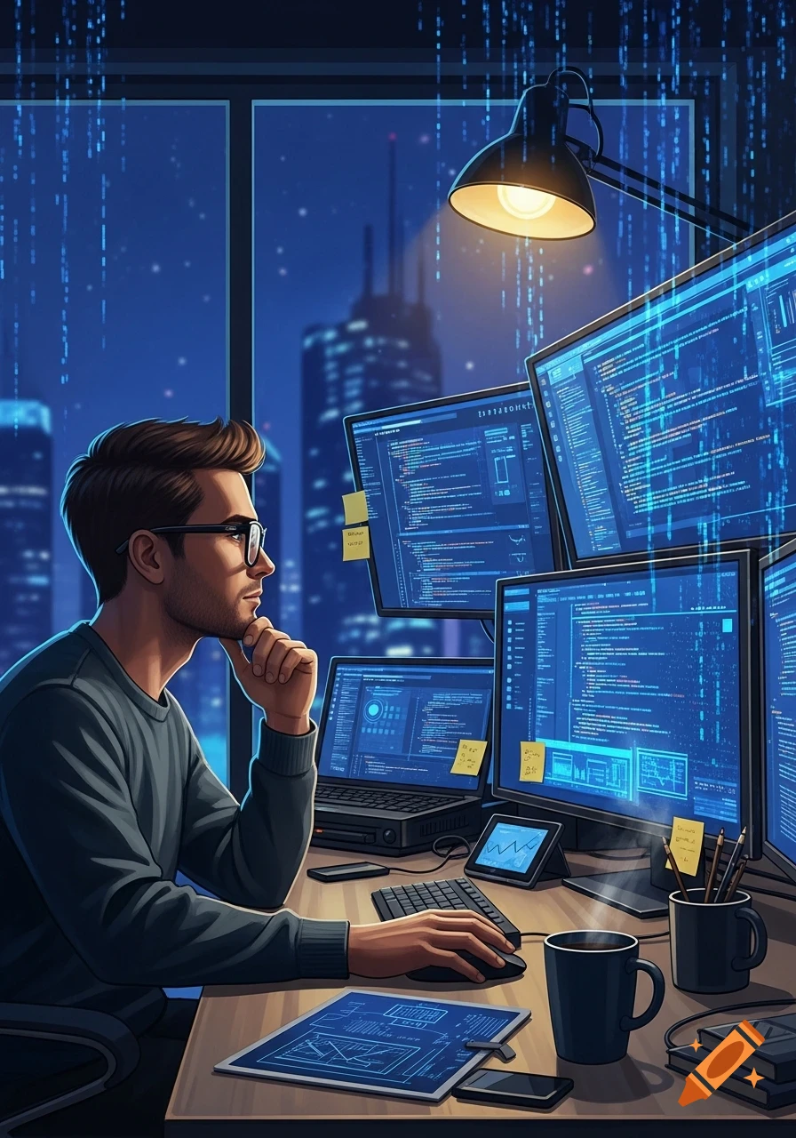 A thoughtful male software engineer works at a desk with multiple monitors displaying code, a night cityscape outside.