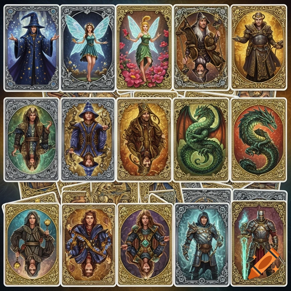 A collection of ornate fantasy playing cards featuring wizards, fairies, warriors, and dragons, some with mirrored designs.