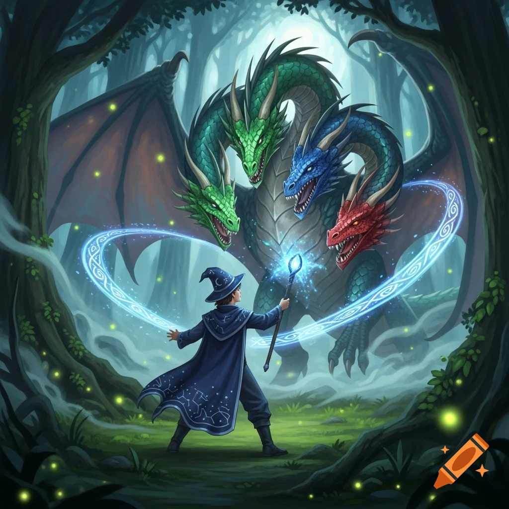 A wizard in a blue robe casts a spell at a large, three-headed dragon (green, blue, red) in a mystical forest.