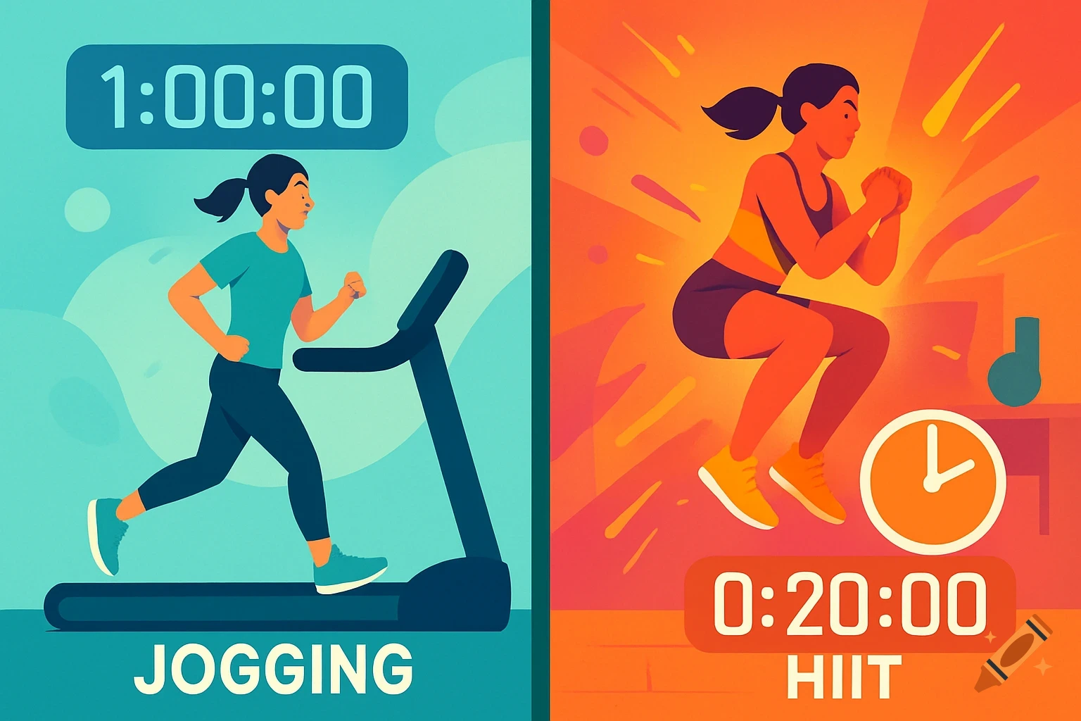 Split-screen infographic comparing a woman jogging on a treadmill for 1 hour and doing HIIT for 20 minutes.