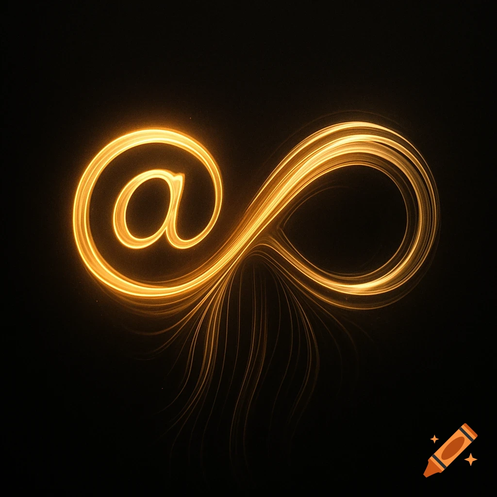 A glowing golden '@' symbol transitions into an infinity loop on a dark background, formed by light trails.