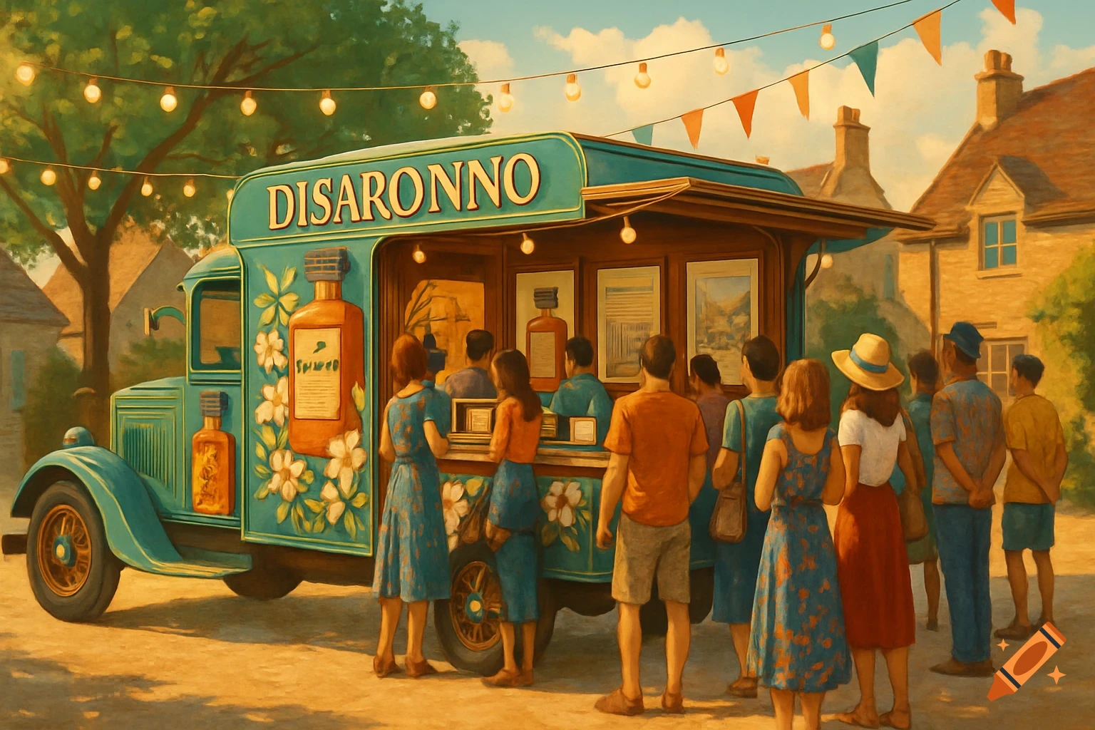 A vintage teal Disaronno branded food truck in a painterly style, surrounded by a crowd in a quaint village.