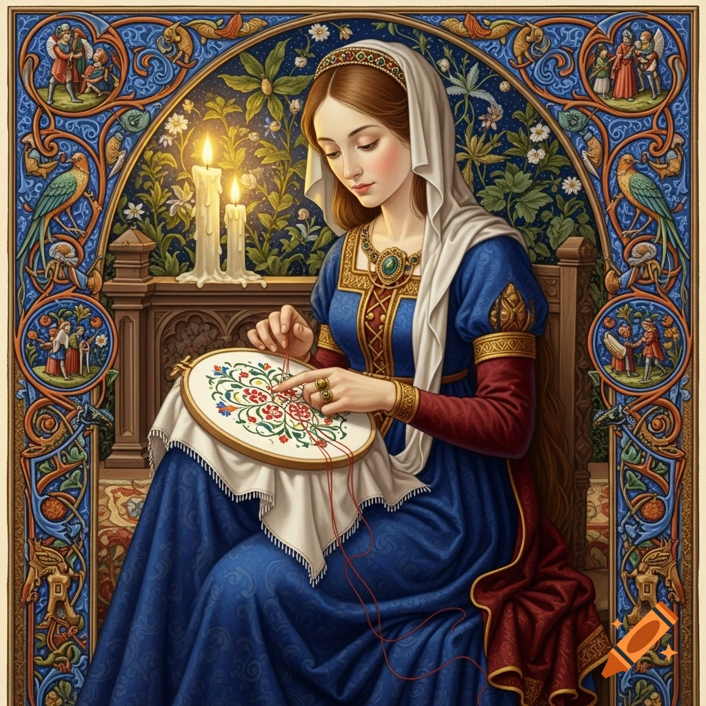A lady in medieval attire embroidering a floral pattern, depicted in an illuminated manuscript style with intricate borders.