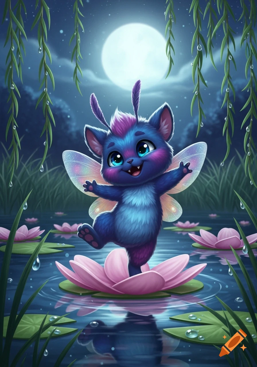 Whimsical illustration of a blue-purple furry fairy creature with large eyes and wings, balancing on a pink water lily in a moonlit pond with willow branches.