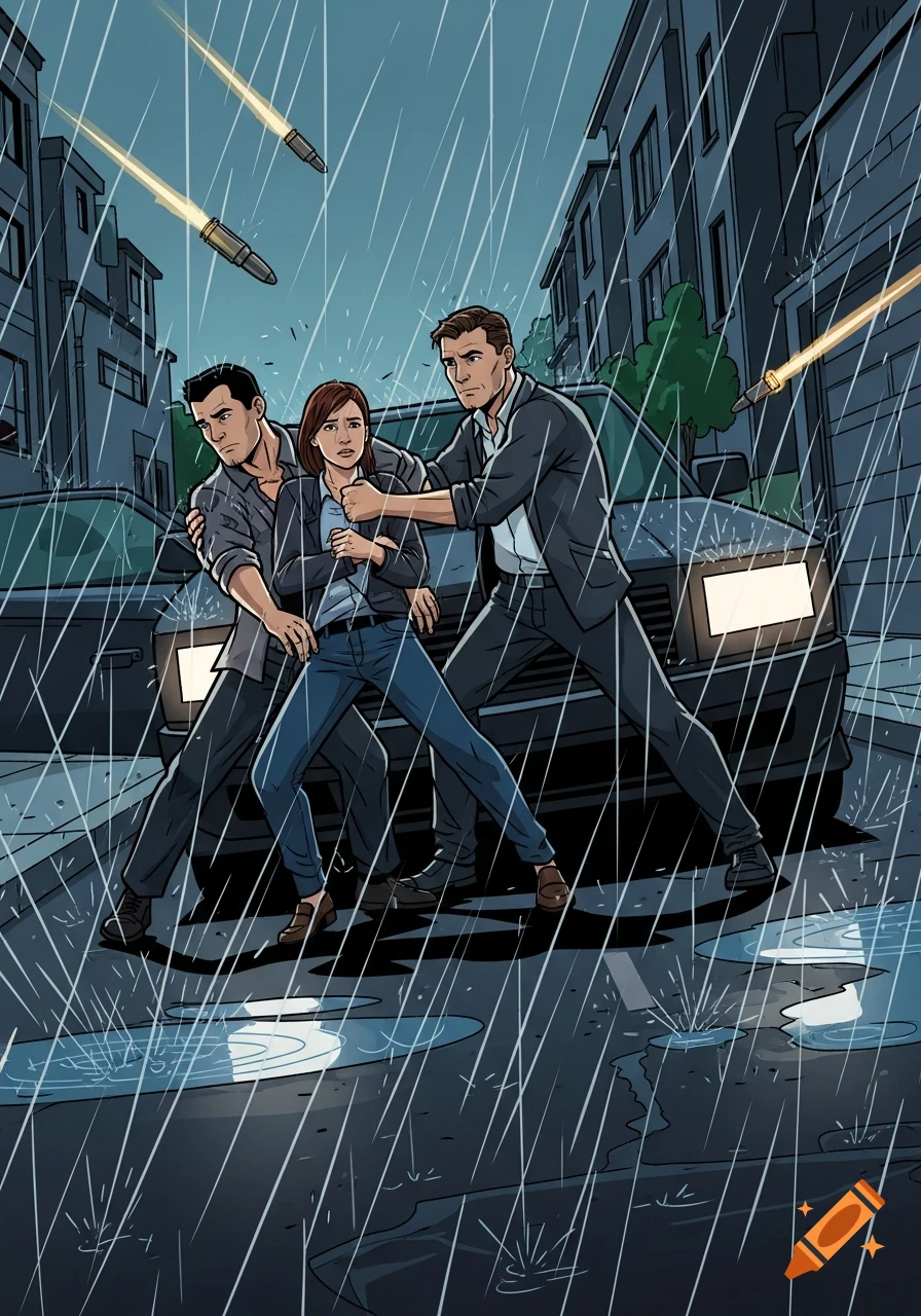 Two men shield a woman in a rainy residential street as bullets fly, in a dramatic comic book style.