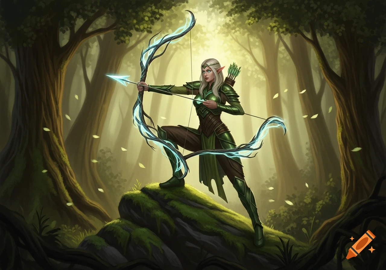 An agile elf archer in green-brown armor with a glowing root bow and arrow, stands on a mossy rock in a sunlit forest.