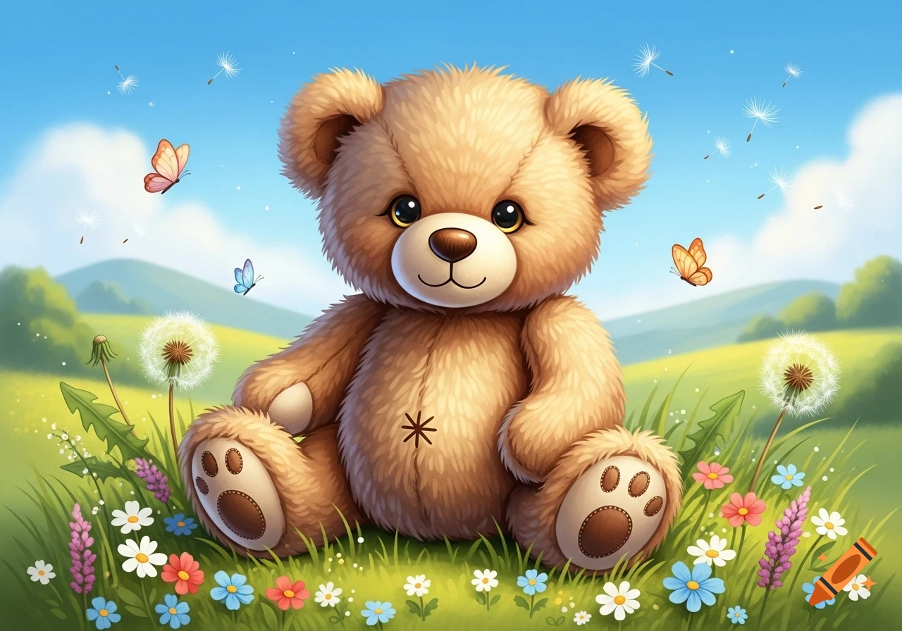 A fluffy brown teddy bear sits in a vibrant green field filled with colorful flowers, dandelions, and flying butterflies under a bright blue sky.