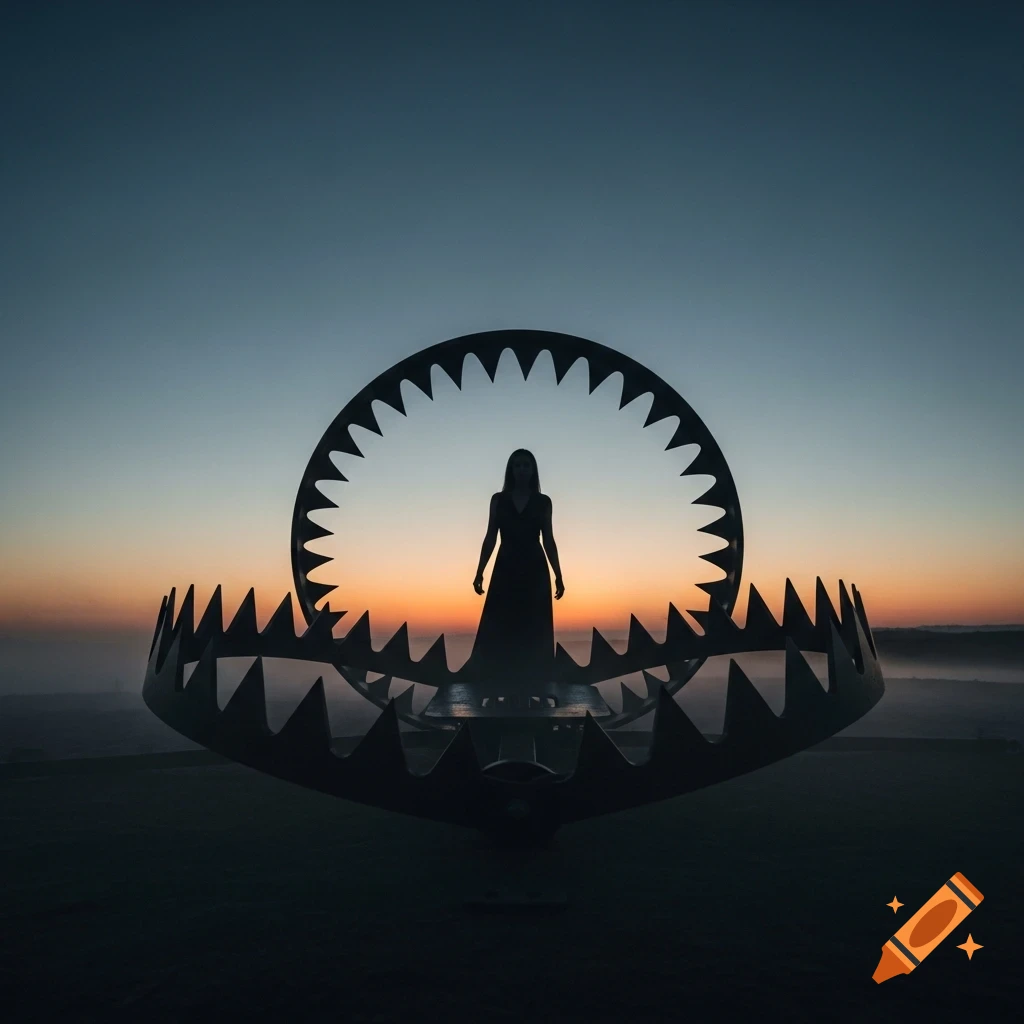 Silhouette of a woman standing inside a giant bear trap at sunset, with a vibrant orange and blue sky.