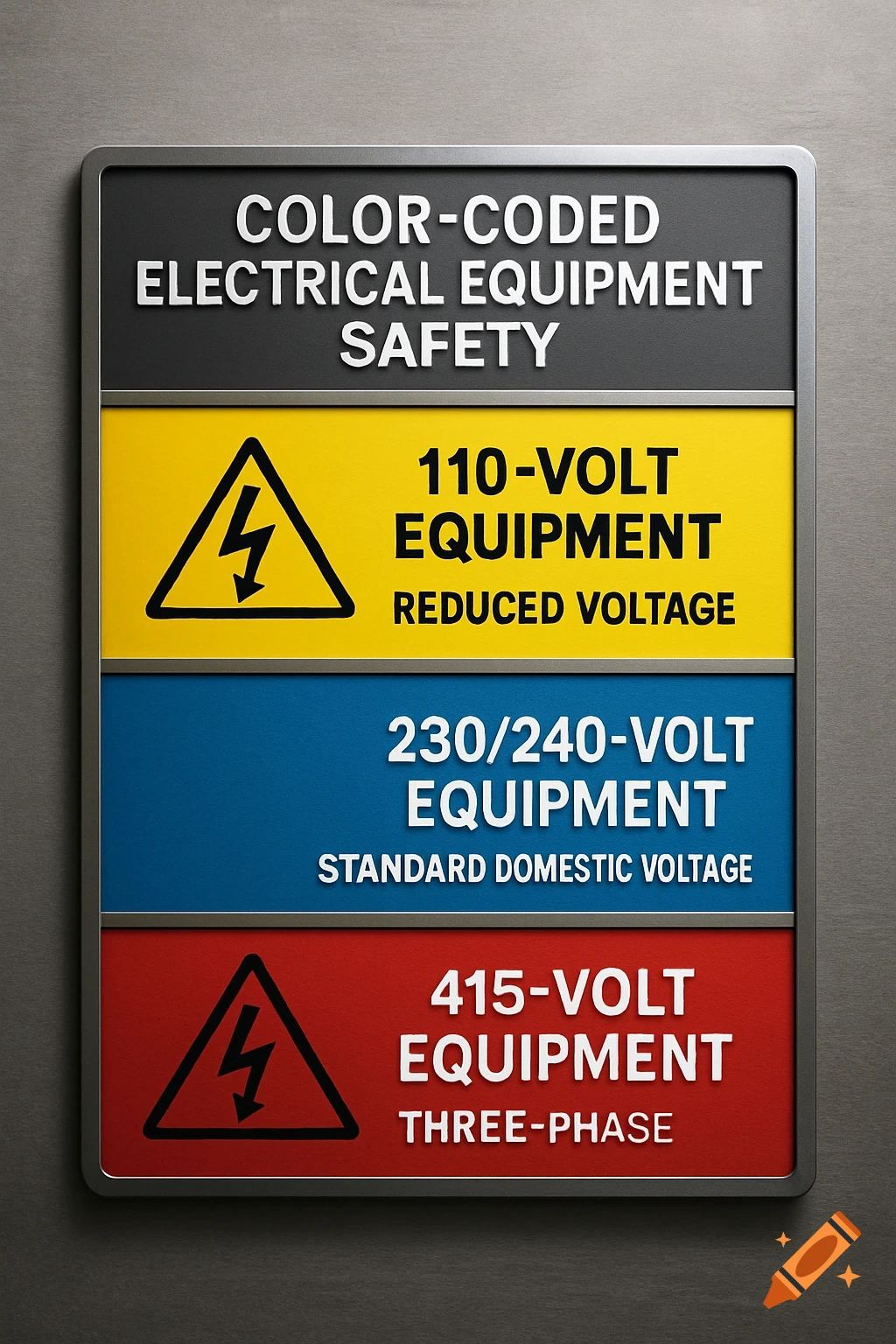 A color-coded electrical safety sign displaying voltage information: 110-volt (yellow), 230/240-volt (blue), and 415-volt three-phase (red).