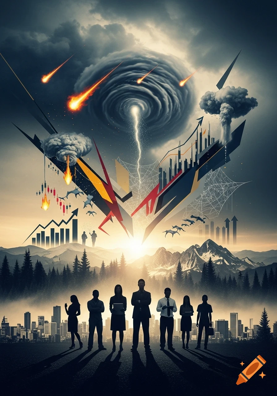 Silhouetted business people before a city, beneath a dramatic sky with a swirling vortex, falling meteors, abstract charts, and mountains, symbolizing risk.