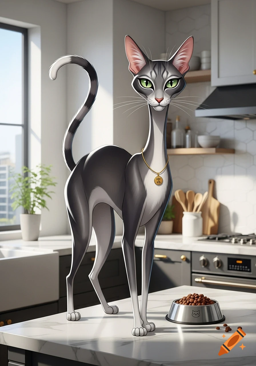A stylized grey and white cat with green eyes and a long neck stands on a kitchen counter next to a bowl of food, wearing a gold pendant.