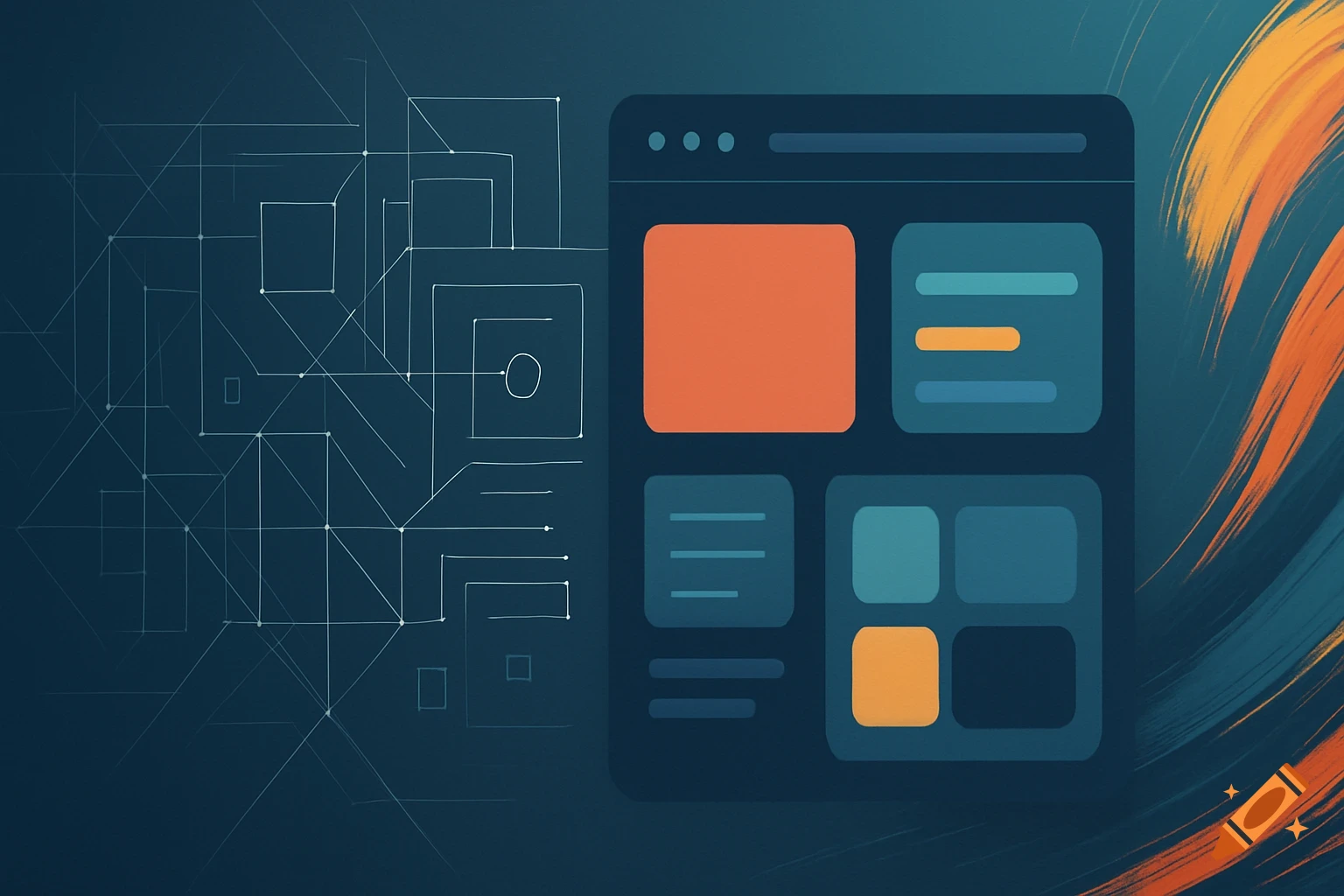 Abstract lines and squares transitioning to a browser UI with content blocks and orange paint strokes on a deep blue background.