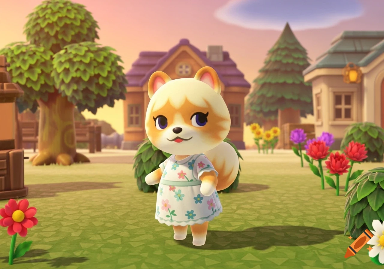 A cute, stylized Animal Crossing Pomeranian character wearing a floral dress stands in a vibrant village setting with houses, trees, and flowers.