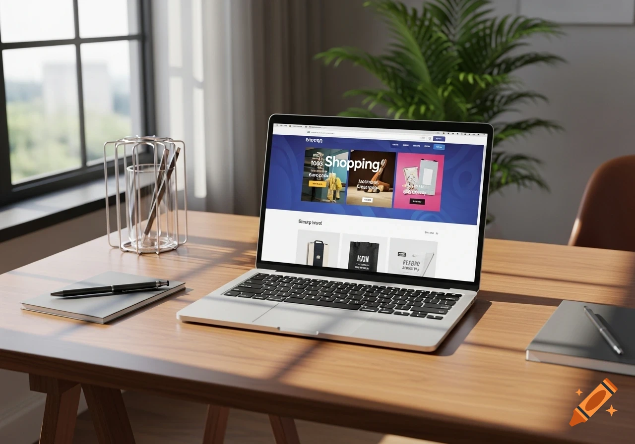 A laptop on a wooden desk displays a shopping website with the word "Shopping" prominently visible, set in a sunlit room with a window and a plant.