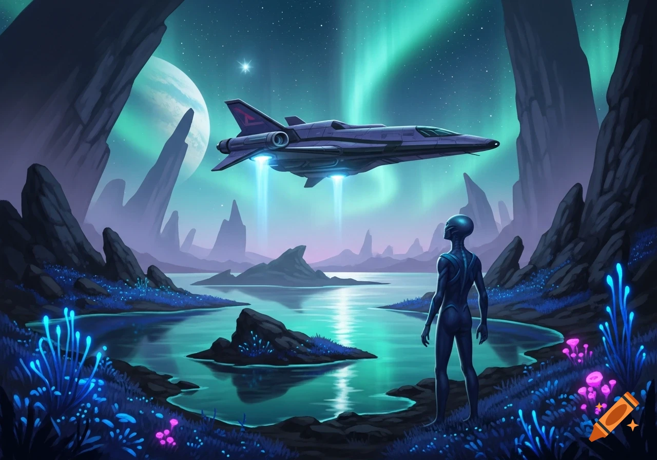 A purple spaceship hovers above an alien lake with glowing flora. A ...