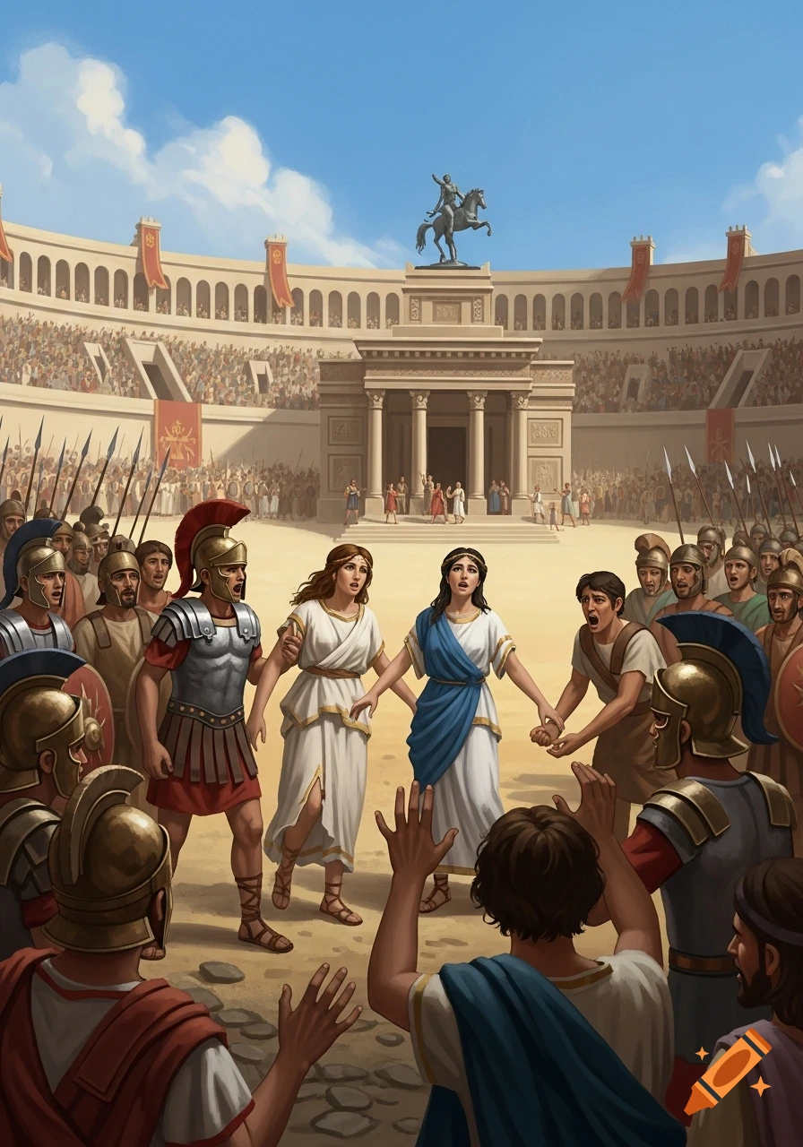 Illustration of Roman soldiers abducting Sabine women in a crowded Roman amphitheater, with a statue on a podium.