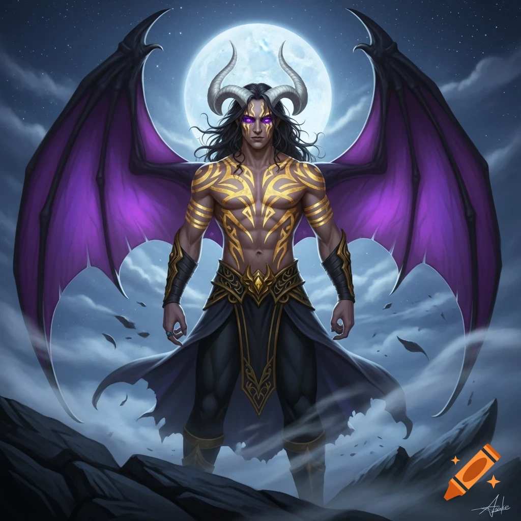 A dark-skinned male demon with purple eyes, white horns, and large purple bat wings, covered in golden tribal tattoos, standing under a full moon.