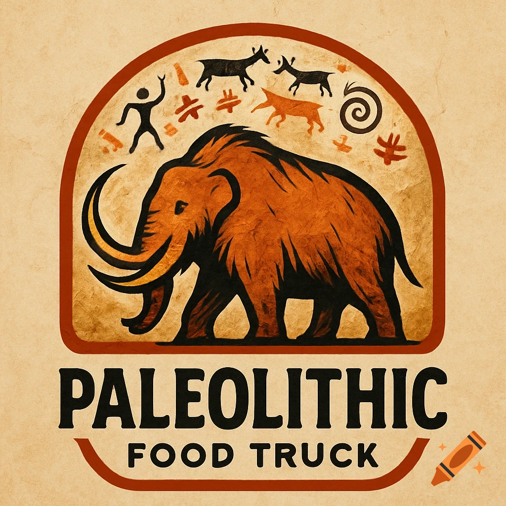 A vintage-style logo for 'Paleolithic Food Truck' with a woolly mammoth and cave art elements.