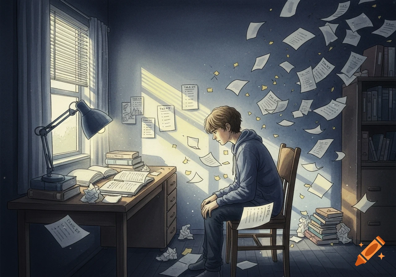 A stressed teenager sits slumped in a study room, surrounded by floating and scattered papers, in an anime-style illustration.