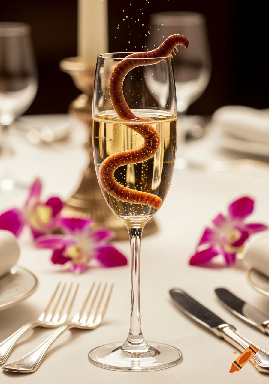 A brown millipede curls inside a champagne flute on a formal dining table, with purple orchids and silverware.