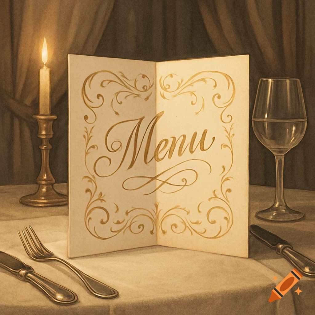 An elegant, sepia-toned open menu with golden flourishes on a table set with a lit candle, wine glass, and cutlery.