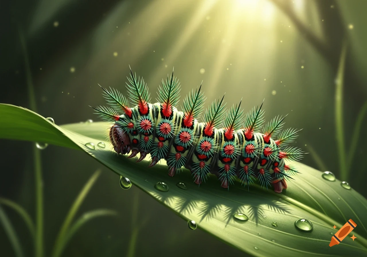 A vibrant, spiky caterpillar-like creature with red, green, and blue markings rests on a dewy green leaf, illuminated by a sunbeam.