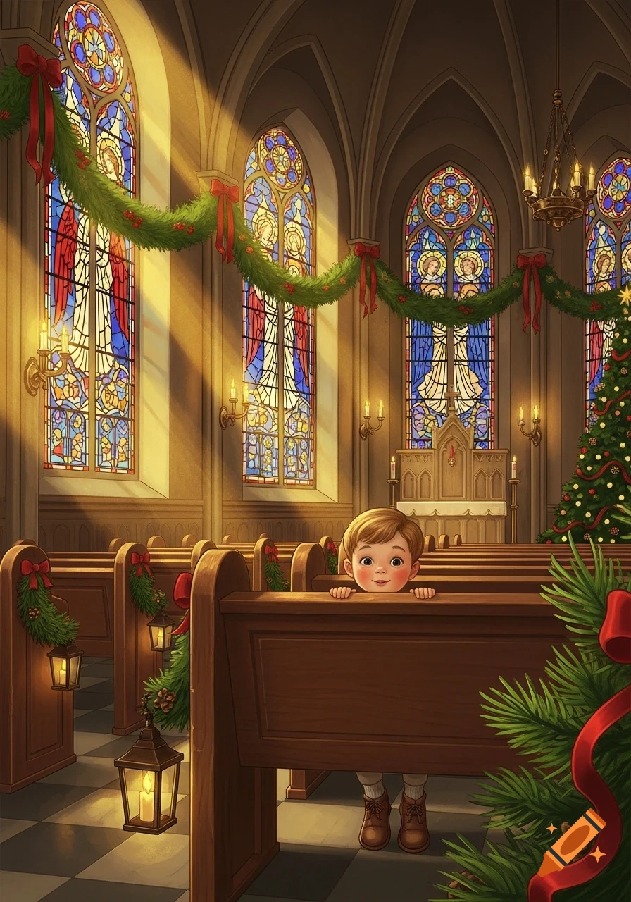 Illustrated boy peeking over a church pew decorated for Christmas with garlands, stained glass, and a Christmas tree.