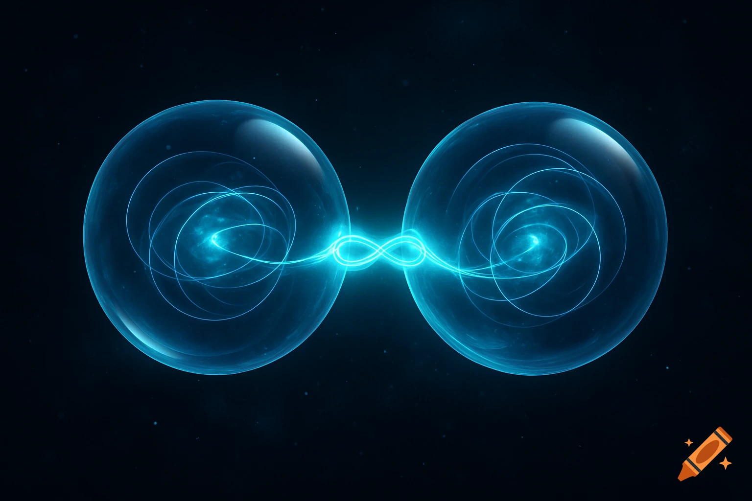 Two glowing blue translucent spheres connected by a bright blue infinity symbol of light, against a dark, particle-filled background.
