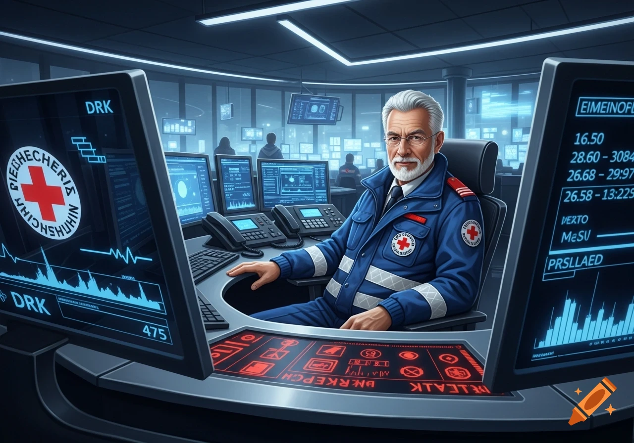 A senior man with a white beard and glasses, wearing a blue uniform with a red cross emblem, sits in a high-tech control room surrounded by glowing screens with data and graphs. He looks directly at the viewer.