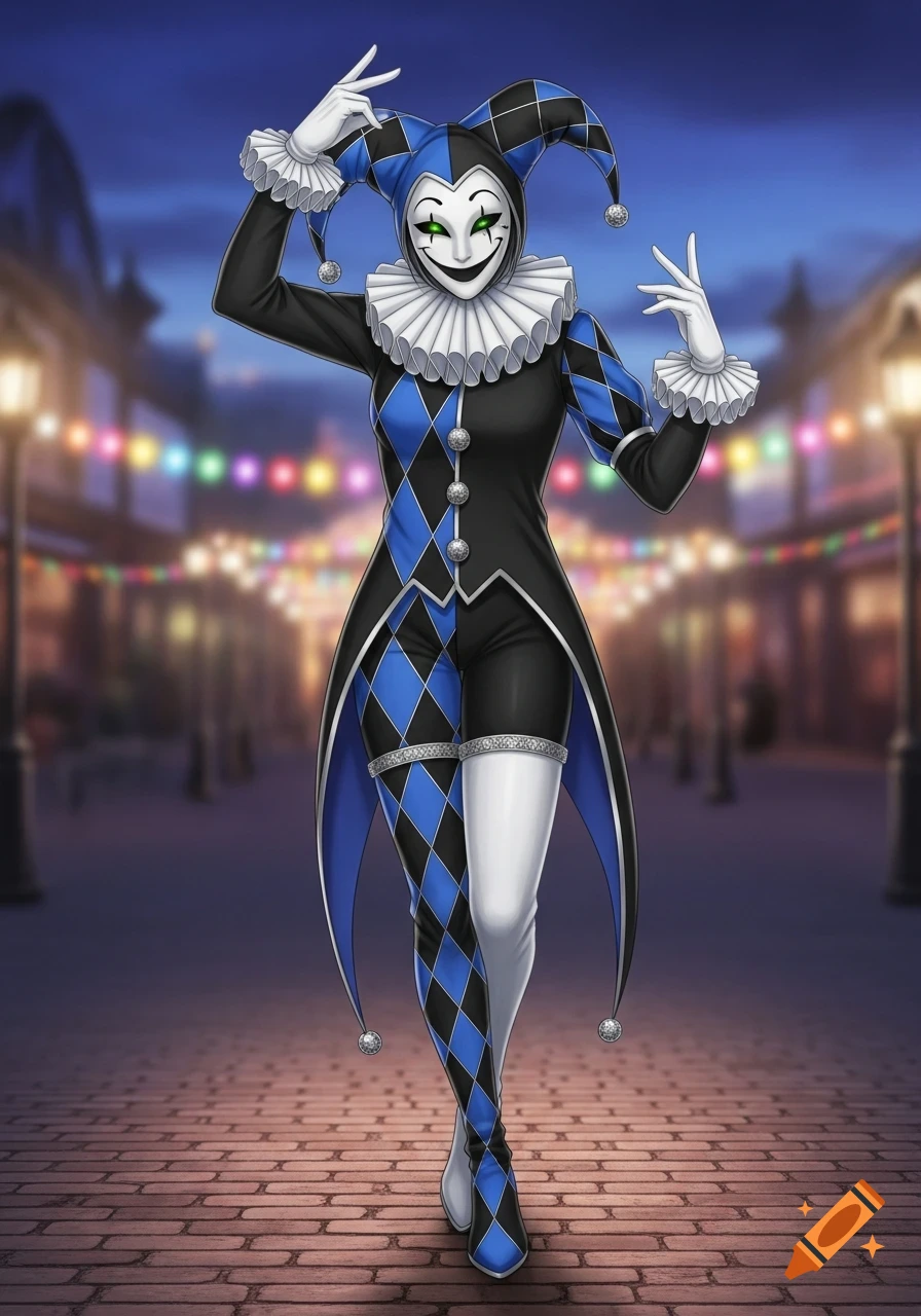Anime jester in a black and blue diamond suit, white mask with glowing green eyes, white gloves and collar, standing on a cobblestone street at night under string lights.