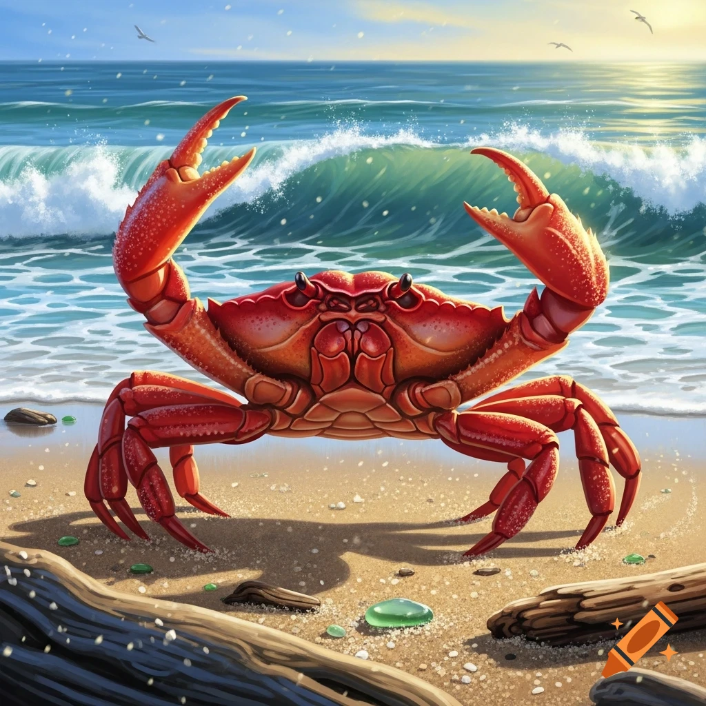 A large red crab stands on a sandy beach with its claws raised, as ocean waves crash in the background on a sunny day.
