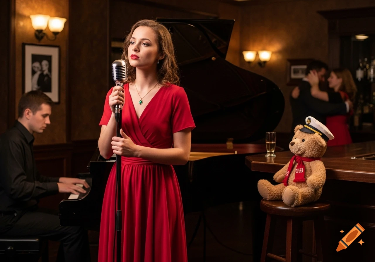 A female singer in a red dress holds a microphone while performing with a pianist in a dimly lit bar, a teddy bear watches.
