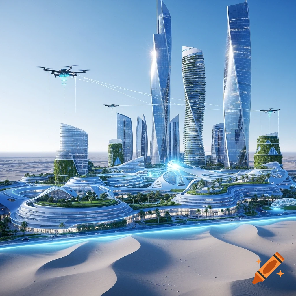 Photorealistic rendering of a futuristic city with sleek skyscrapers ...
