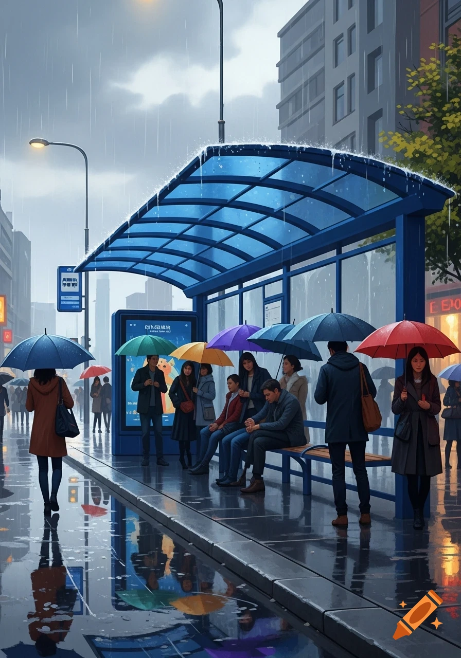 People wait at a blue bus stop on a rainy city street, holding colorful umbrellas, with reflections on the wet ground.