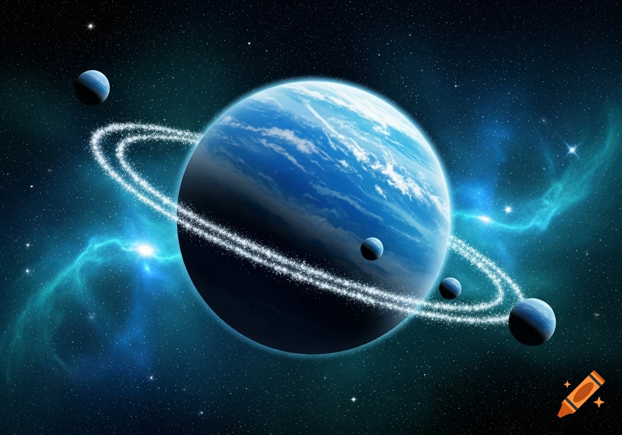 A large blue planet with shimmering rings and several smaller celestial bodies set against a starry, blue and teal nebula background.