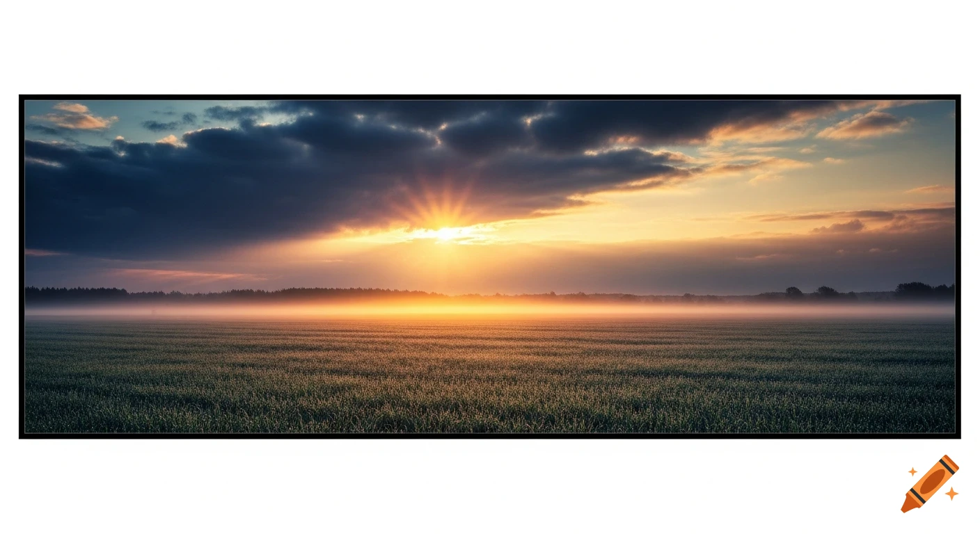 Golden sunrise over a misty field with dark clouds and glowing rays, creating a symbolic and hyper-realistic scene.