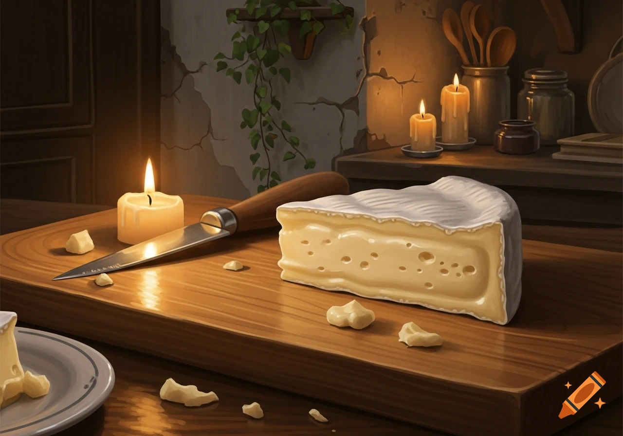 A wedge of cheese, a knife, and lit candles on a wooden board in a warm, rustic kitchen setting.