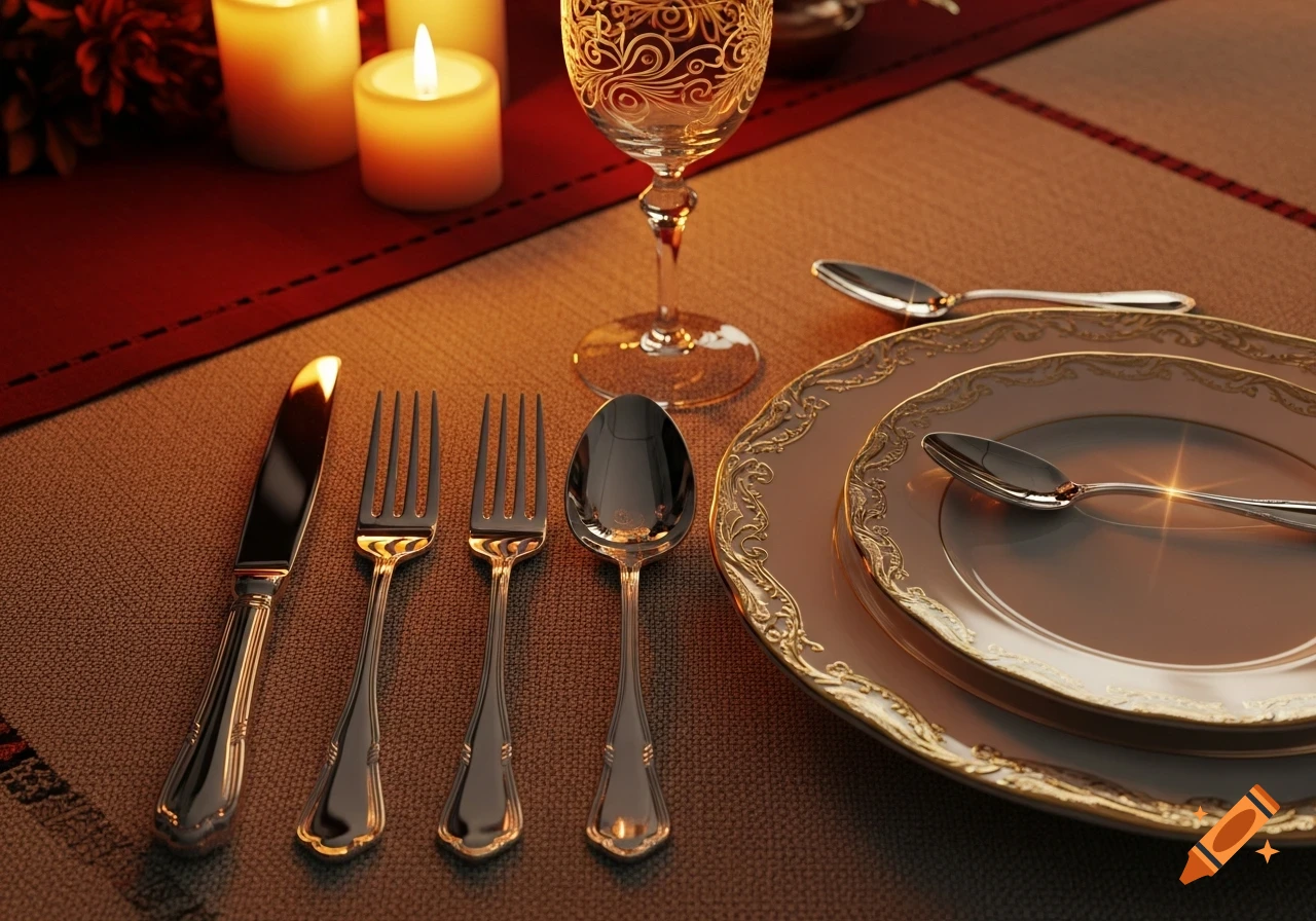 A formal dinner place setting featuring ornate gold-rimmed plates, polished silverware, a patterned wine glass, and lit candles.