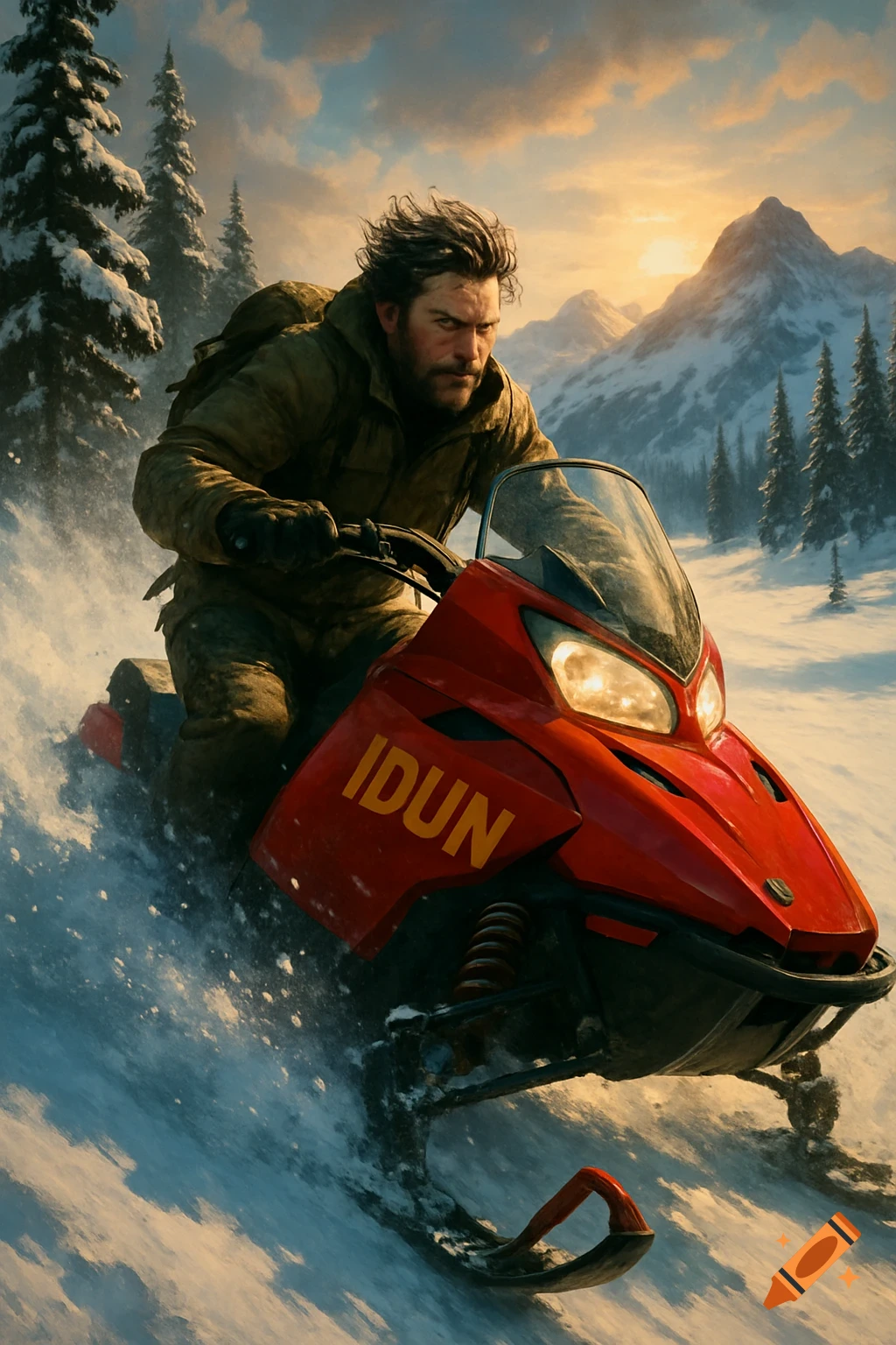 A man on a red snowmobile with "IDUN" written on it, speeding through a snowy mountain landscape at sunset, photorealistic style.