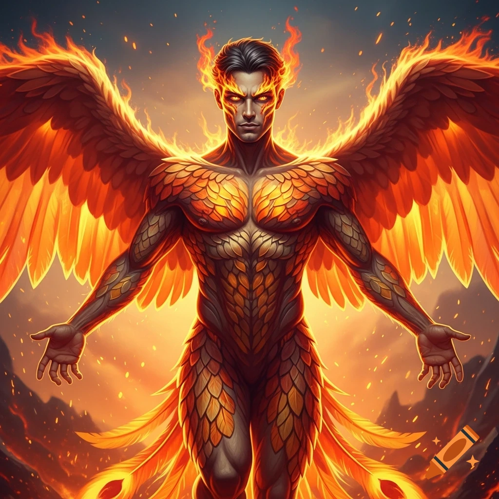 A powerful, muscular man with fiery phoenix wings, scaled skin, and glowing eyes stands against a blazing fantasy landscape.