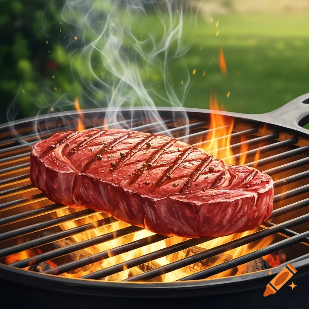 A stylized illustration of a raw steak sizzling on a hot barbecue grill with flames, smoke, and a green outdoor background.
